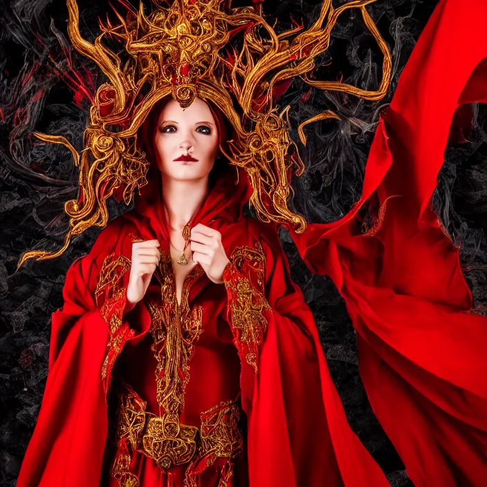 Prompt: full body photo of a very beautiful!! elemental fire witch with ornate red robes, highly detailed, 4 k, hdr, smooth, sharp focus, high resolution, award - winning photo