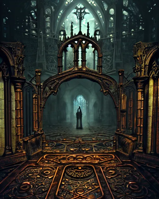 Image similar to steam necropolis, memento mori, gothic, neo - gothic, art nouveau, hyperdetailed copper patina medieval icon, stefan morrell, philippe druillet, ralph mcquarrie, concept art, steampunk, unreal engine, detailed intricate environment, octane render, moody atmospherics, volumetric lighting, ultrasharp, ominous, otherworldly