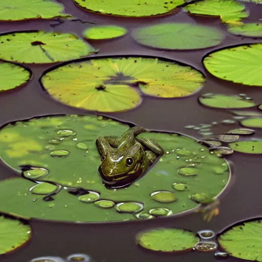 Image similar to dark clouds, close - up of a scared!!! frog in the pond with water lilies, shallow depth of field, highly detailed, autumn, rain, bad weather, ominous, digital art, masterpiece, matte painting, sharp focus, matte painting, by isaac levitan, asher brown durand,