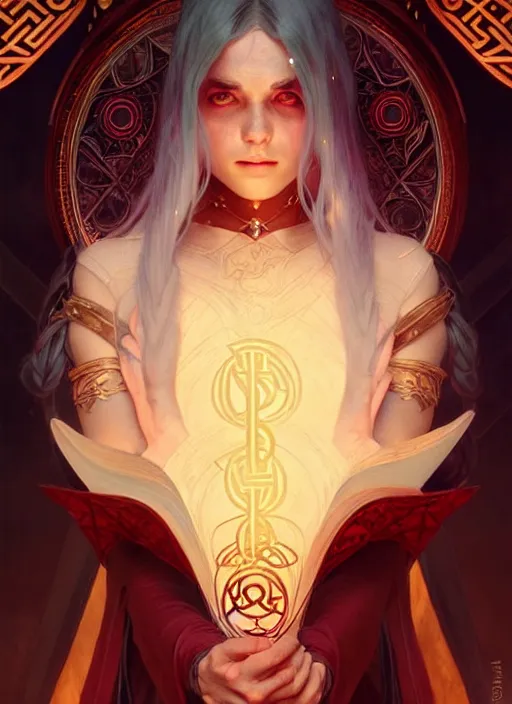 Prompt: a beautiful tiefling sorcerer with runic magic theme, intricate, sharp focus, illustration, highly detailed, digital painting, concept art, matte, art by WLOP and Artgerm and Greg Rutkowski and Alphonse Mucha, masterpiece