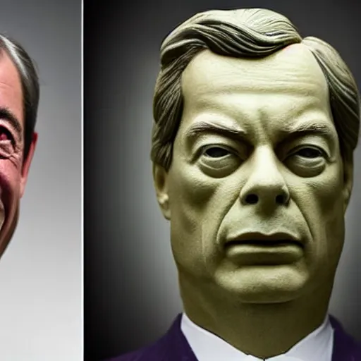 Prompt: Nigel Farage as a ventroquial figure, hinged jaw, wires