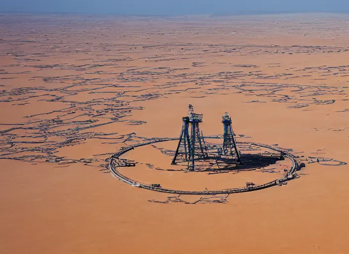 Prompt: A massive ocean oil rig in the middle of the sahara desert, dried lake, arid, aerial view