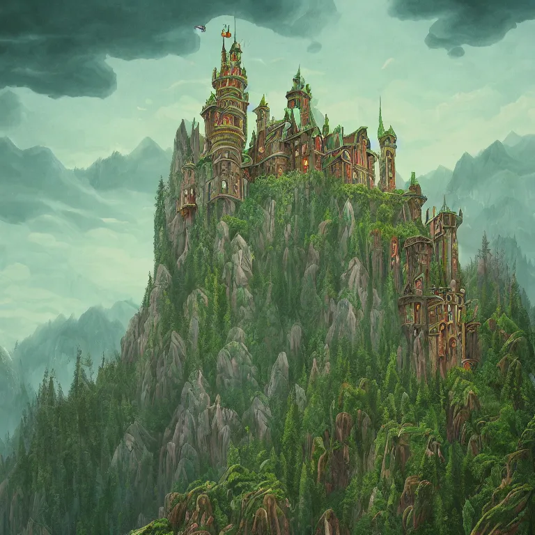 Prompt: a beautiful ultradetailed painting of an elegant high fantasy surreal arcane castle on a green mountain above a forest by wes anderson trending on artstation