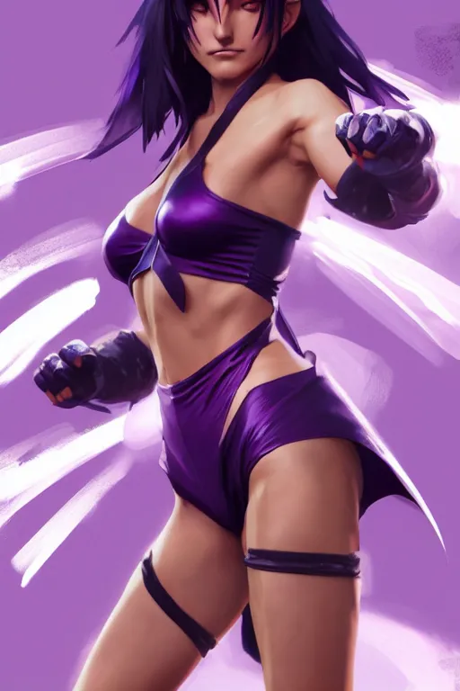 Image similar to fighter anime Cameron Diaz with purple leotard, long black hair wearing fighting cuffs in a fighting stance, digital painting, artstation, concept art, soft light, hdri, smooth, sharp focus, illustration, art by tian zi, craig mullins, Mark Arian, WLOP, alphonse mucha