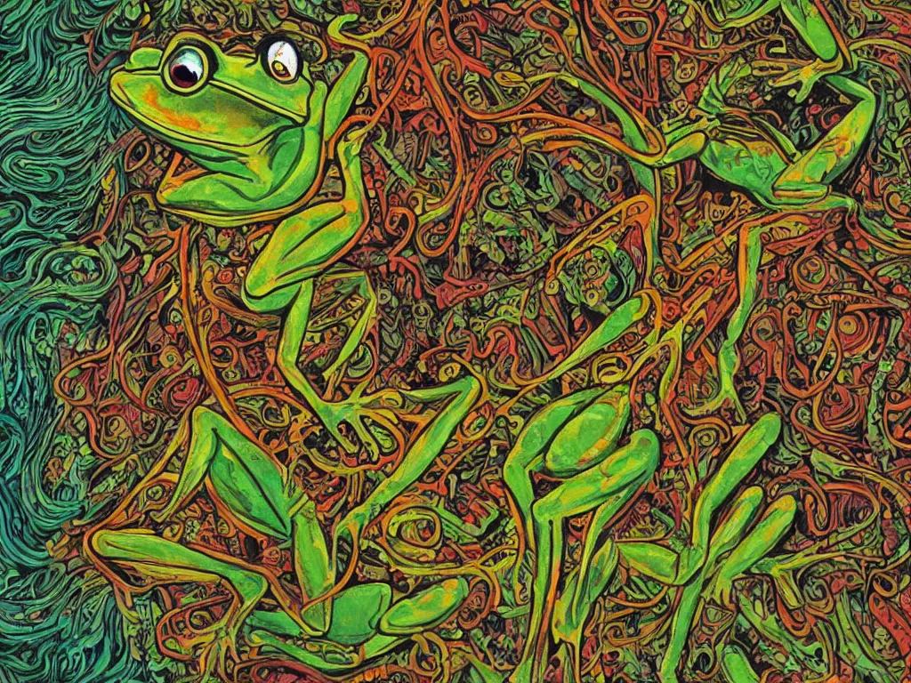 Image similar to a cyborg frog leaps out of an ayahuasca painting