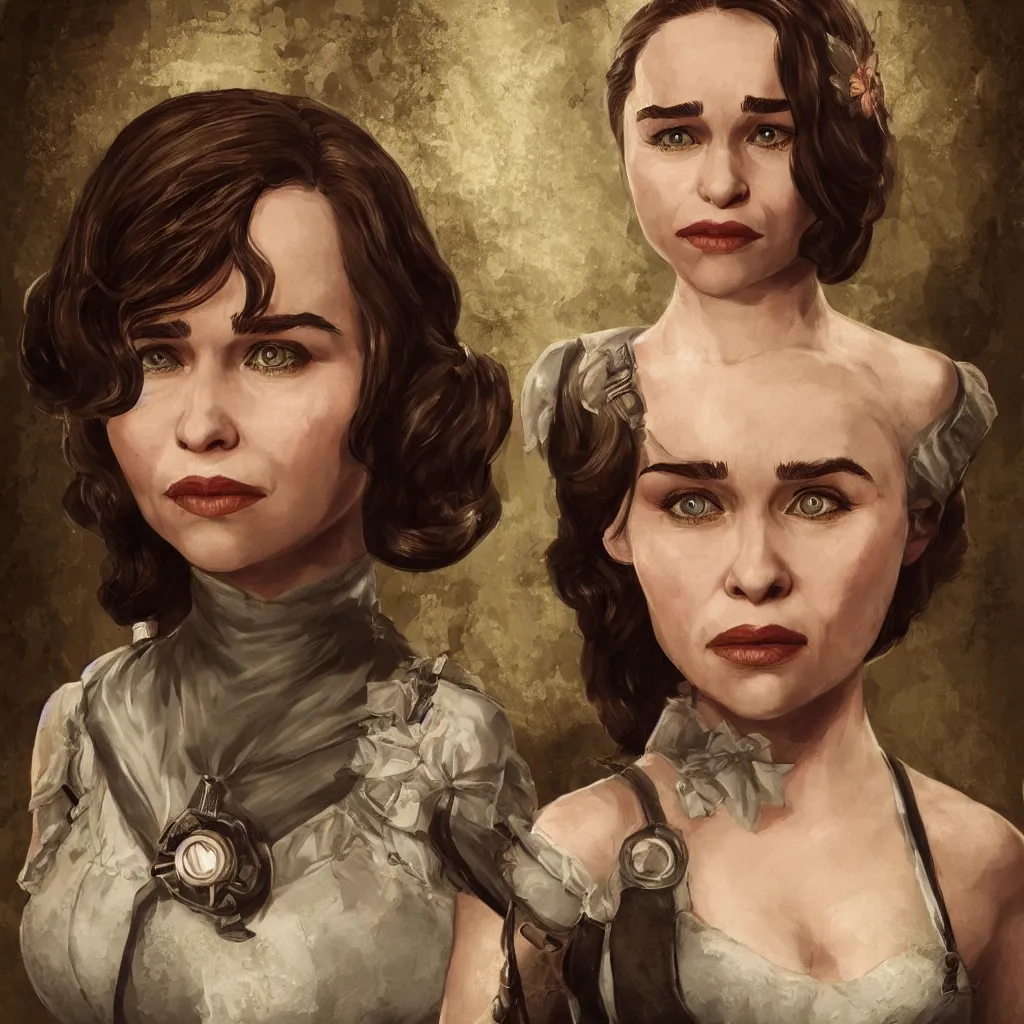 Prompt: realistic portrait of Emilia Clarke as Elizabeth from Bioshock