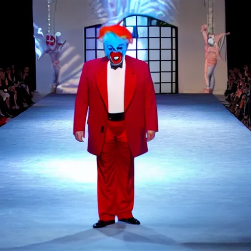 Prompt: cinematic shot of donald trump wearing a clown costume on a fashion show runway, 8 k, very detailed, very intricate,