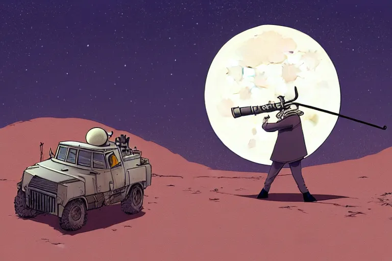 Image similar to a study of a cell shaded cartoon pope firing a bazooka on a desert road in front of a big moon, full body, wide shot, very muted colors, post grunge, studio ghibli, laurie greasley, highly detailed, deviantart, art by artgem