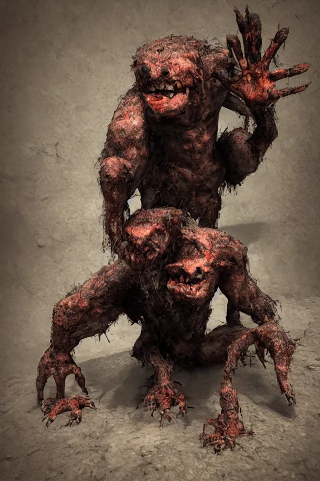 Prompt: cave troll stained with soot and rust, with long claws on the hands and a small insect head, hyperrealistic, octane render, HDR, photorealistic