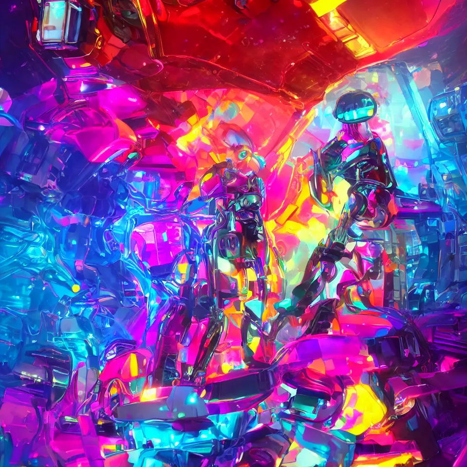 Prompt: of a giant sugar cube melting into a pool of rainbow liquid trending on artstation with a blend of manga-style art, augmented with vibrant composition and color, all filtered through a cybernetic lens, studio lighting, lit by flashing pixel light, cinematic lightning, medium shot, mid-shot, highly detailed, trending on artstation, Unreal Engine 4k, cinematic