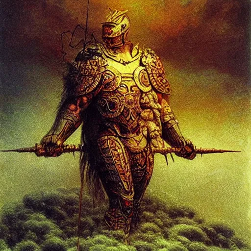 Prompt: zeus in golden thunder armor, wielding ornamented thunder bolt, beksinski