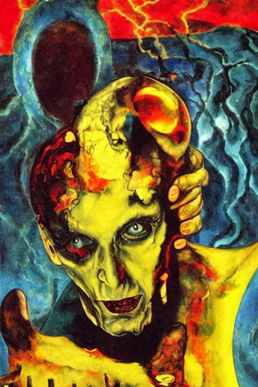 Image similar to surreal a lithe brian molko as delirium of the endless, the sandman, in a post apocalyptic hellscape, esoteric symbolism, intense emotional power, red yellow black, palette knife oil painting by peter booth, josh kirby and william blake