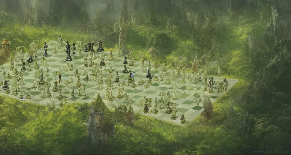 Image similar to Birdview of fairytale vast lands as a chess board. Forests, meadows or cities in each different square, 4k, octane, digital painting, artstation, concept art, sharp focus, illustration, art by artgerm and greg rutkowski and alphonse mucha