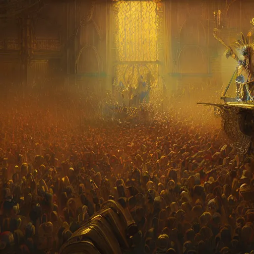 Prompt: A young king in golden clothes making a speech from a balcony to a crowd, fantasy, highly detailed, digital painting, artstation, concept art, illustration, art by Bayard Wu and Marc Simonetti