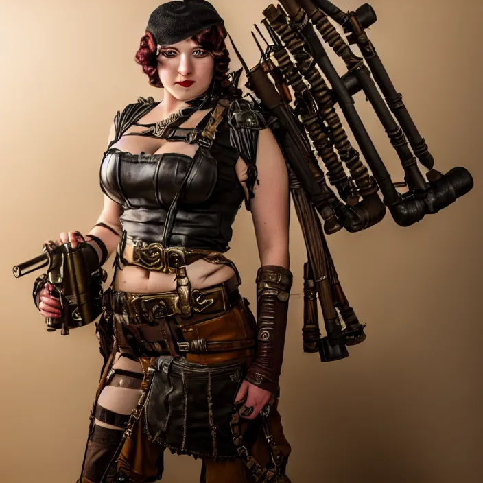 Prompt: professional full length photograph of a beautiful female dieselpunk warrior. Extremely detailed. 8k