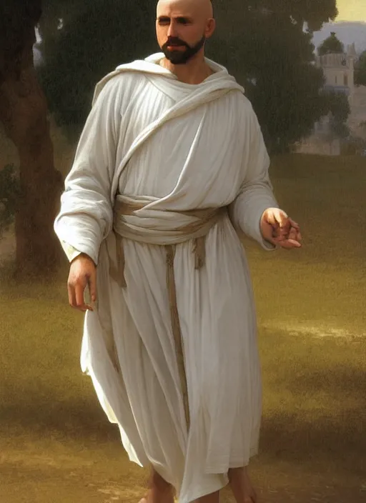 Image similar to oil painting portrait of a tonsured dominican monk in a white habit, striding dancing through a flourishing garden at sunset with a monastery in the background, hazy, digital art, chiaroscuro, artstation, cinematic, golden hour, digital art painting by greg rutkowski, william - adolphe bouguereau, hazy atmosphere, flowers, cinematic lighting