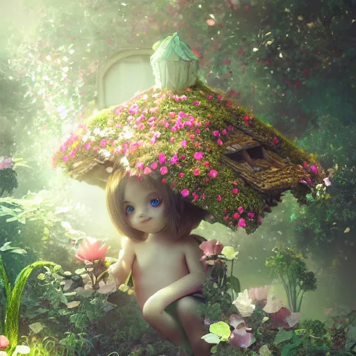 Image similar to a tiny cute fairy in a flower house, beautiful face, large eyes, cute, adorable, volumetric light, octane render, trending on artstation