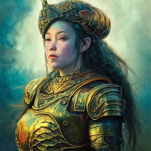 Image similar to realistic portrait of dwarf queen in armor, atmospheric lighting, painted, intricate, volumetric lighting, beautiful, washed deep colors masterpiece, golden hour, sharp focus, ultra detailed, by Chie Yoshii, Kai Carpenter, Ignacio Fernández Ríos