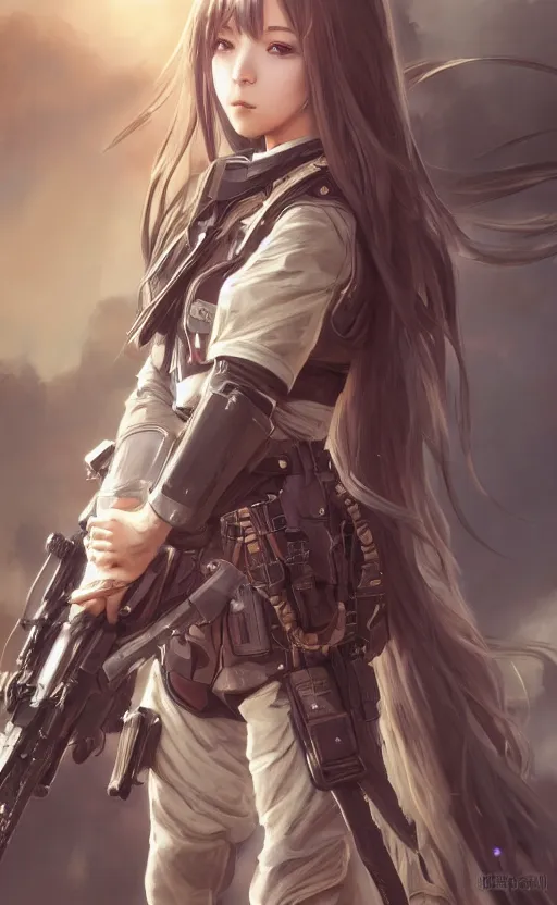 Image similar to soldier girl, anime style, long hair, hair down, symmetrical facial features, from arknights, hyper realistic, 4 k, rule of thirds, extreme detail, detailed drawing, artstation, hd, knight armor, by alphonse mucha, greg rutkowski, sharp focus, backlit