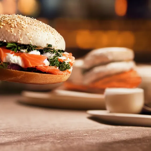 Image similar to cream cheese smoked salmon bagel, splash art, movie still, cinematic lighting, dramatic, octane render, long lens, shallow depth of field, bokeh, anamorphic lens flare, 8 k, hyper detailed, 3 5 mm film grain