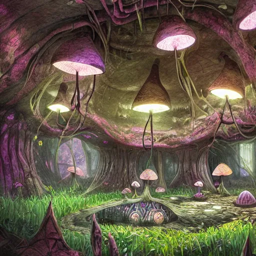 Prompt: concept art painting of a interior of a circular alien fairytale fantasy fungus house inside of a mushroom, with black vines, realistic, detailed, cel shaded, magenta and gray, dark, in the style of makoto shinkai and greg rutkowski and james gurney