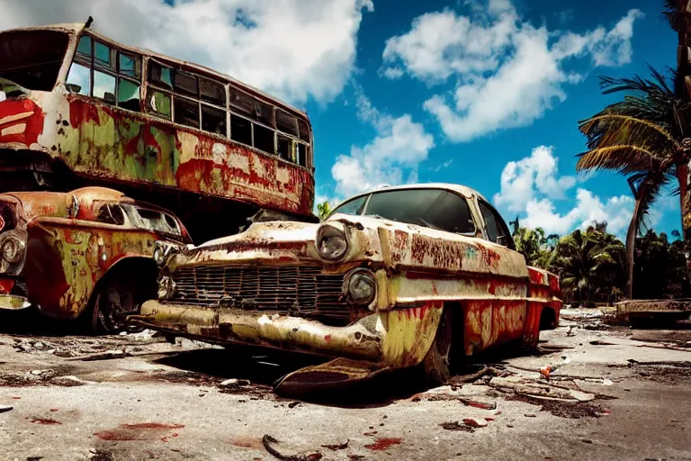 Image similar to wide angle shot of dilapidated fallout 5 miami, tropical coastal city, desolate, dilapidated, just a rusted retro futuristic vintage parked vehicles like cars, buses, trucks, trams, sunny weather, few clouds, volumetric lighting, photorealistic, daytime, spring, sharp focus, ultra detailed, technicolour 1