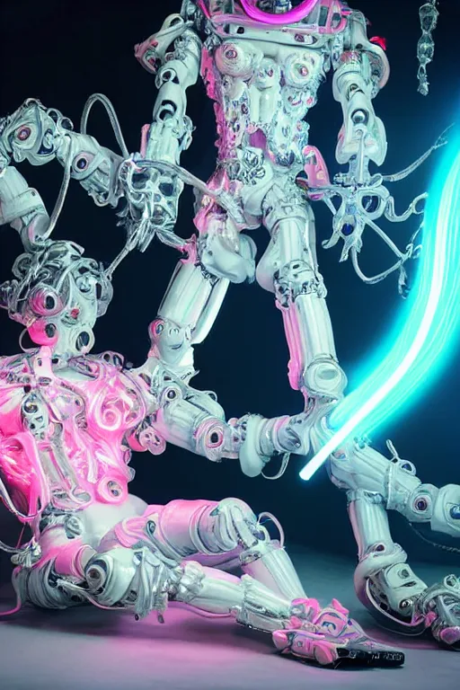 Image similar to full-body rococo and cyberpunk style neon statue of a young attractive Cubano macho dotado e rico android sim roupa reclining con las piernas abertas e la piroca dura, glowing white laser eyes, prince crown of pink gears, diamonds, swirling silver-colored silk fabric. futuristic elements. full-length view. space robots. human skulls. intricate artwork by caravaggio. Trending on artstation, octane render, cinematic lighting from the right, hyper realism, octane render, 8k, depth of field, 3D