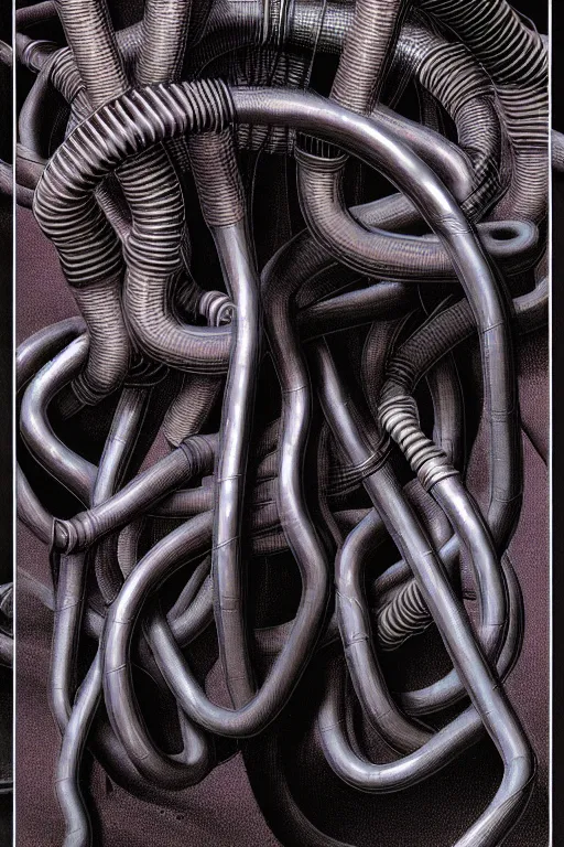 Prompt: tangled grey pipes and hoses which resemble human limbs by thomas ligotti and wayne barlowe