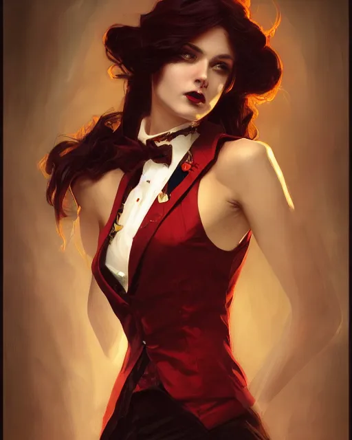 Image similar to female vampire, perfect face, gold waistcoat, red necktie, cinematic, stunning, highly detailed, digital painting, artstation, smooth, hard focus, illustration, art by artgerm and greg rutkowski and alphonse mucha