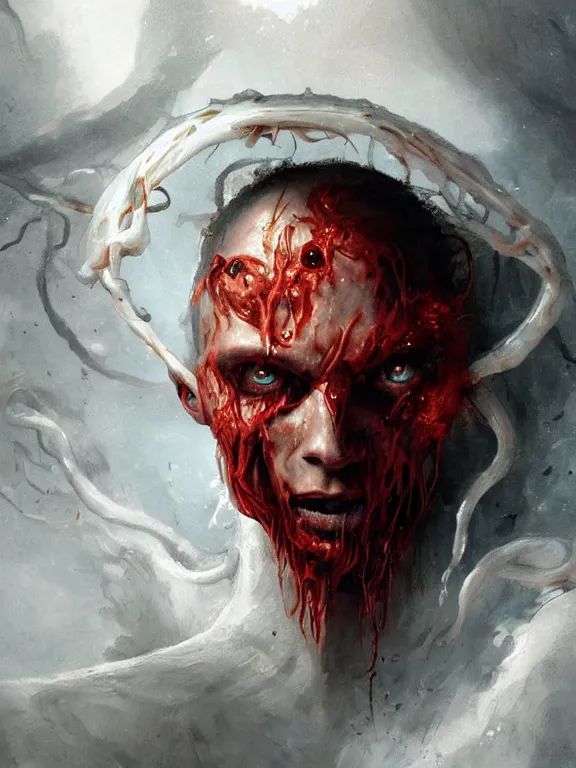 Image similar to painting by greg rutkowski of a flying sorrowful looking human head with tears running down it's eyes, face that is chalk white in color, with long sprawling white tentacles stemming down it's neck, fiery scorching red eyes, flying in a terrying hellish dark cavernous place