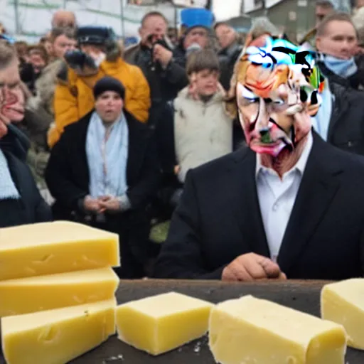 Image similar to close up of vladimir putin visiting a cheese market