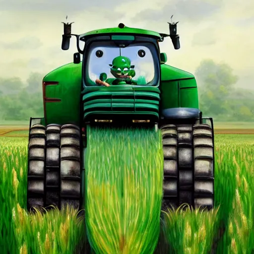 Image similar to green agricultural transformers with doraemon face and wings in the corn field, the upper body of fledged bodybuilder, taller than human, droid, robots, humanoid, farming, highly detailed, digital painting, feathers, agricultural tractor, artstation, concept art, smooth, sharp focus, illustration, art by artgerm and greg rutkowski, unreal engine