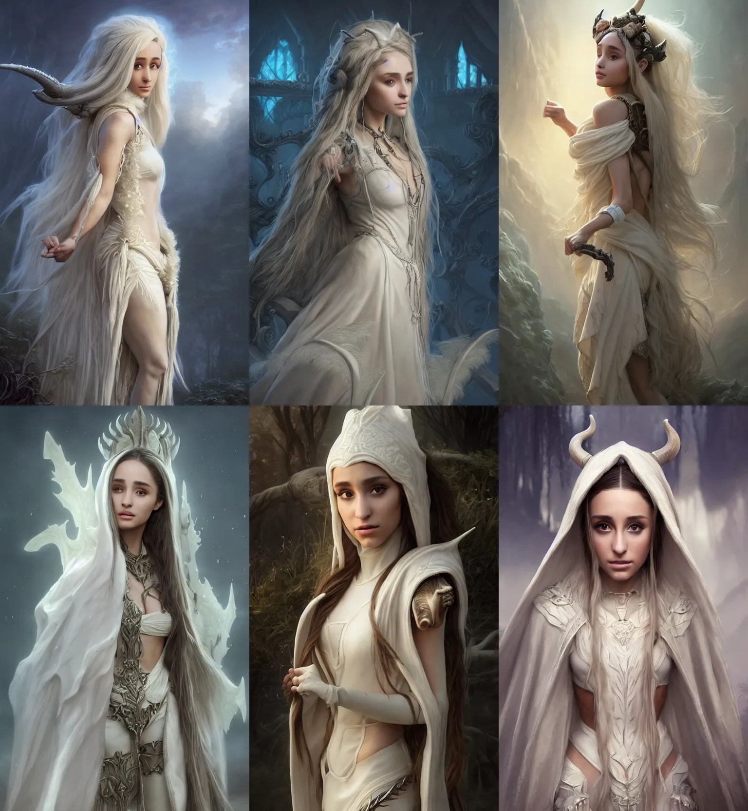 Prompt: ultrarealistic fantasy portrait mage ariana grande running, long ivory hair ivory eyes wearing ivory carved bone mantle gothic ivory bone cloak with intricate details, bone plants, fantasy character octane render, substance painter, cinematic lighting, volumetric lighting, artstation, dnd art, cgsociety, sharp focus, digital painting by artgerm, gerald brom, wlop