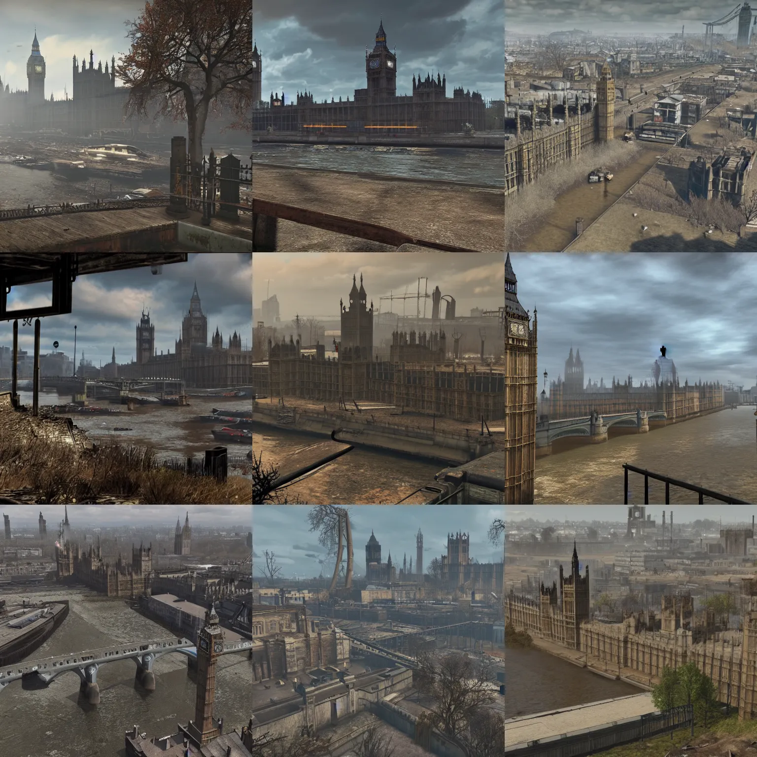 Prompt: desolate and dilapidated london from fallout 4, river thames and the houses of parliament