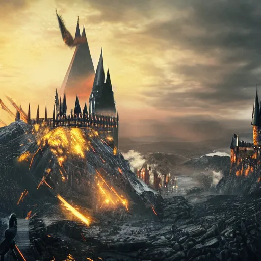 Image similar to harry potter taking a golden ring to mordor, mordor as a bustling city, extremely detailed, sharp focus, skyline, vast, gothic, lord of the rings, mount doom, 4 k, fantasy, concept art, gritty