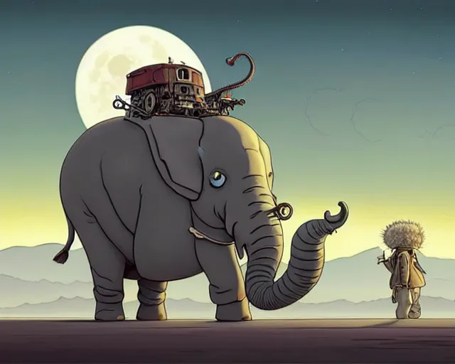 Prompt: a cell shaded cartoon giant grey lovecraftian mechanized elephant from howl's moving castle ( 2 0 0 4 ), with a big head, on a desert road, wide shot, in front of a big moon, muted colors, post grunge, josan gonzales, wlop, by james jean, victor ngai, hq, deviantart, art by artgem