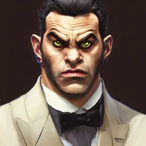 Image similar to portrait of a man - ogre wearing a tuxedo, cinematic lightning, d & d, fantasy, highly detailed, digital painting, sharp focus, illustration, art by artgerm and greg rutkowski and magali villeneuve