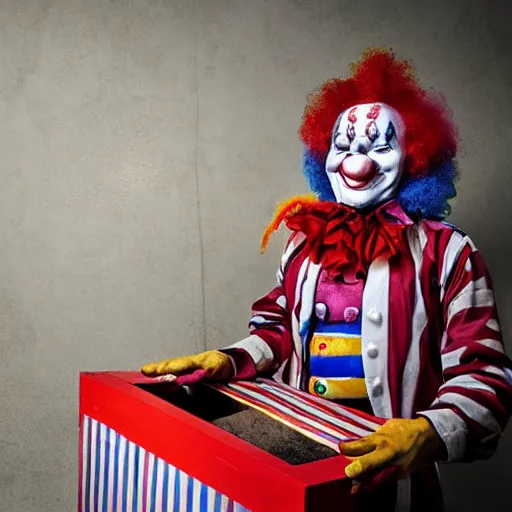 Image similar to police interrogation of a clown peeking out from a small magical trick box