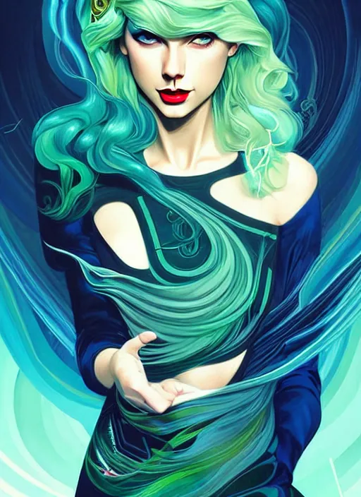 Image similar to style artgerm, joshua middleton, taylor swift with green dress, very long blue hair, swirling water swirling, symmetrical face, symmetrical eyes, steampunk cyberpunk,, cinematic lighting