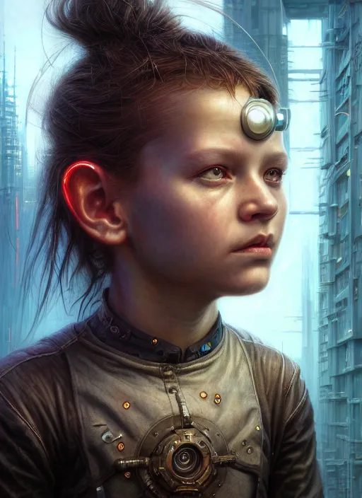 Image similar to closeup portrait shot of a cyberpunk child in a scenic dystopian environment, intricate, elegant, highly detailed, centered, digital painting, artstation, concept art, smooth, sharp focus, illustration, artgerm, tomasz alen kopera, peter mohrbacher, donato giancola, joseph christian leyendecker, wlop, boris vallejo