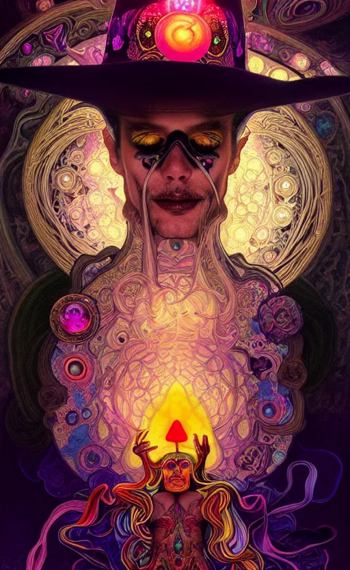 Prompt: An extremely psychedelic celestial undertaker in his black fedora hat, colorful, surreal, dramatic lighting, magic mushrooms, psilocybin, LSD, face, detailed, intricate, elegant, highly detailed, digital painting, artstation, concept art, smooth, sharp focus, illustration, art by Krenz Cushart and Artem Demura and alphonse mucha