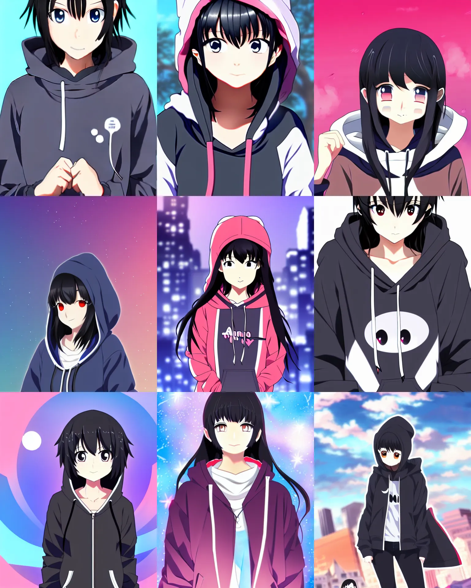 Prompt: black haired girl wearing hoodie, city, anime key visual, pixiv ranking