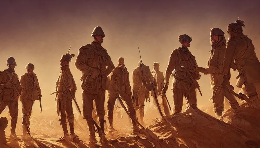 Image similar to beautiful digital painting of a group of barley surviving soldiers in a trench waiting for the war to end, in the sahara desert. cinematic lighting, atmospheric, concept art by artgerm and greg rutkowski,,