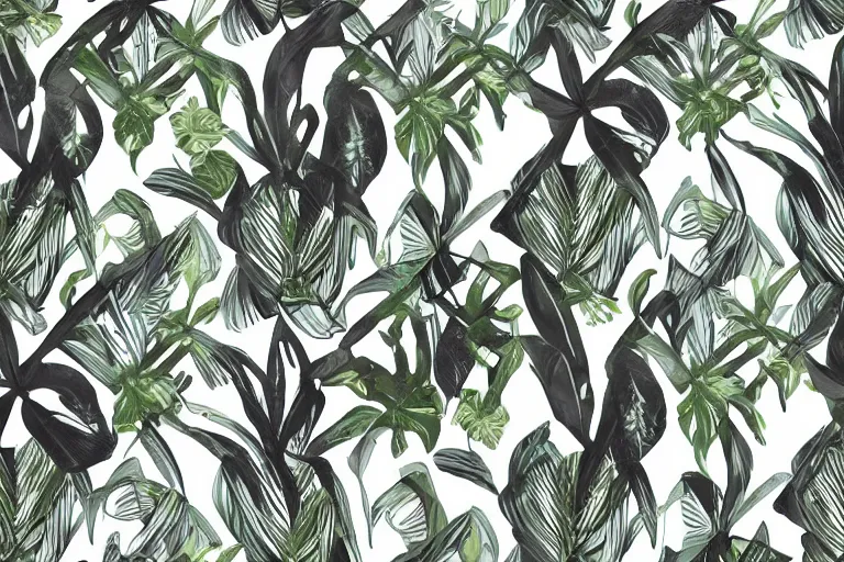 Image similar to exotic tropical print with beautiful and elegant elements perfect for a range of end products from fabrics, fashion, home decor to paper and wallpapers : : black background, art nouveau, trending on artstation