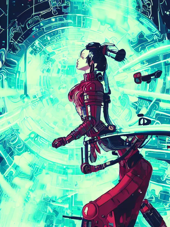 Image similar to a futuristic female geisha warrior, red hair made out of water, blade runner, akira, ghost in the shell, 2077, style of Laurie Greasley and Satoshi Kon + symmetric lights and smoke, psychedelic effects , glowing particles, neon rain, glowing runes, de-noise, symmetrical composition, high detailed + tarot card, ornate border, 8k,