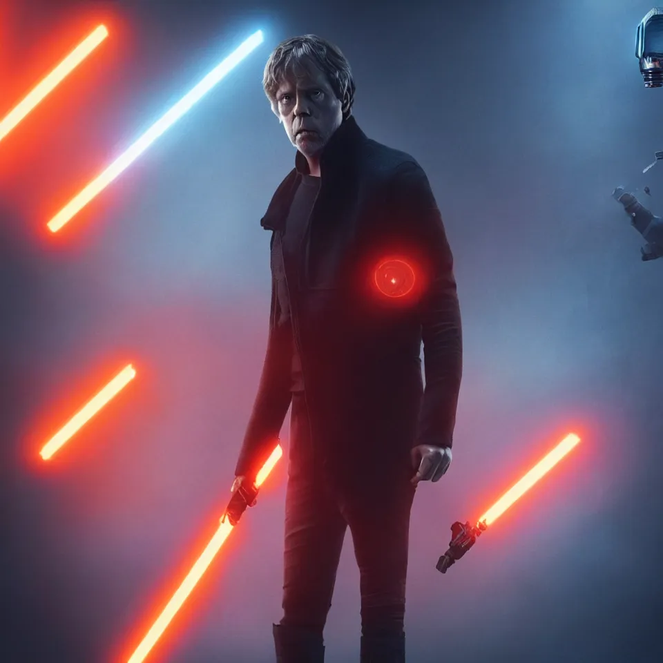 Prompt: Harrowing Luke Skywalker wearing cyber gadgets in the style of Blade Runner 2049 (2017), without his lightsaber. Clear Hands. Black Clothes. Steampunk Background. Cinematic. Professional Photo. UHD. 8k. Clear Face.