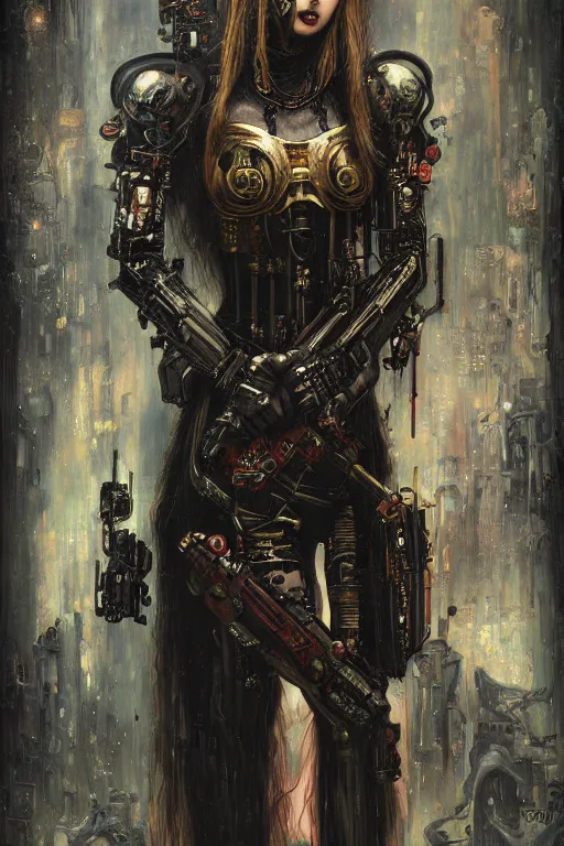 Image similar to beautiful young gothic maiden, cyberpunk, Warhammer 40000, highly detailed, artstation, illustration, art by Gustav Klimt