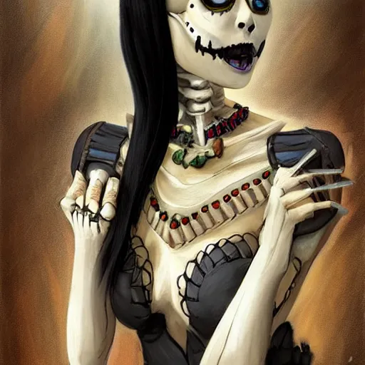 Prompt: cute, shy & beautiful smiling undead skeleton girl with very attractive face and black hair dressed as a cleopatra winking to the viewer, elegant, digital art, fullbody painting, fantasy, pixar style, painting, pin up, highly detailed, artstation, art by artgerm, vrubel, greg rutkowski, ilya kuvshinov, raymond swanland