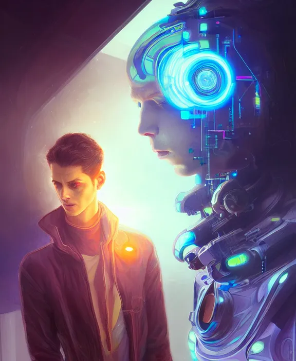 Image similar to a whirlwind inside the metaverse, guy, male, man, hologram, half body, neurochip, android, cyborg, cyberpunk face, by loish, d & d, fantasy, intricate, elegant, highly detailed, colorful, digital painting, artstation, concept art, art by artgerm and greg rutkowski and alphonse mucha