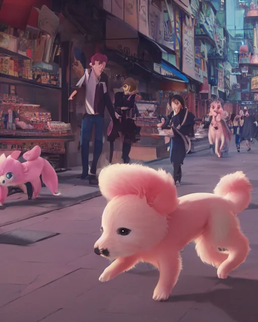 Prompt: a tiny dog with pink fur walking through a crowded street filled with bodegas and food vendors, kids playing checkers, Anime. Soft lighting, 8K, octane render. By Makoto Shinkai, Stanley Artgerm Lau, WLOP, Rossdraws, James Jean, Andrei Riabovitchev, Marc Simonetti, krenz cushart, Sakimichan, D&D trending on ArtStation, digital art.